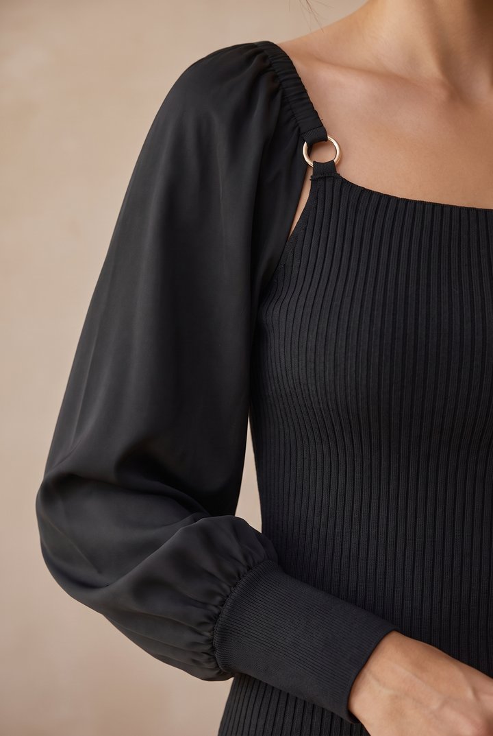 Farrah | Loose Knit Top with Satin Balloon Sleeves in Black