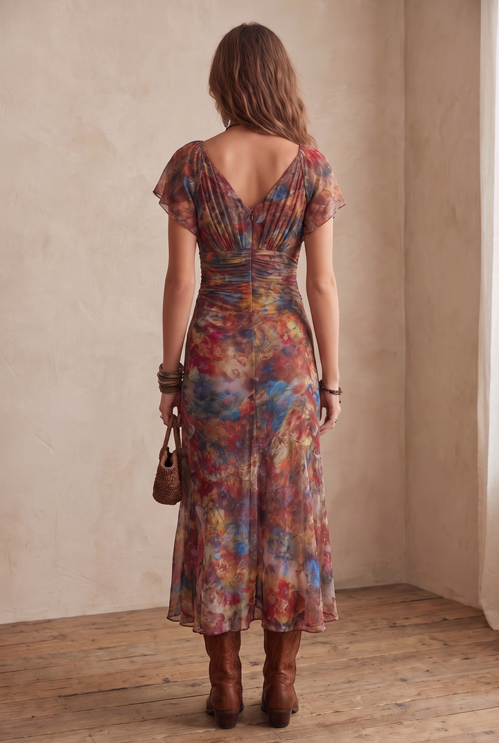 Joan | Rust Red Abstract Print Pleated Midi Dress with V-Neck