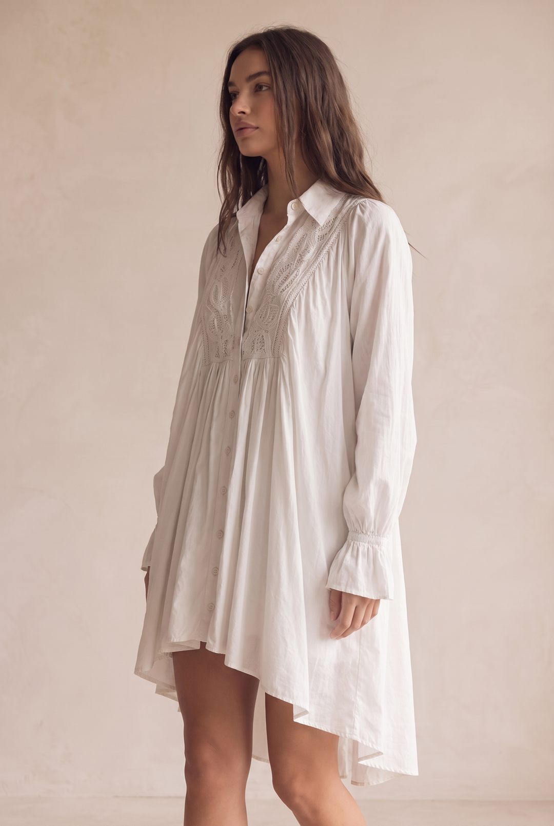 Mary- Retro mini dress with lace, asymmetrical hem and long sleeves