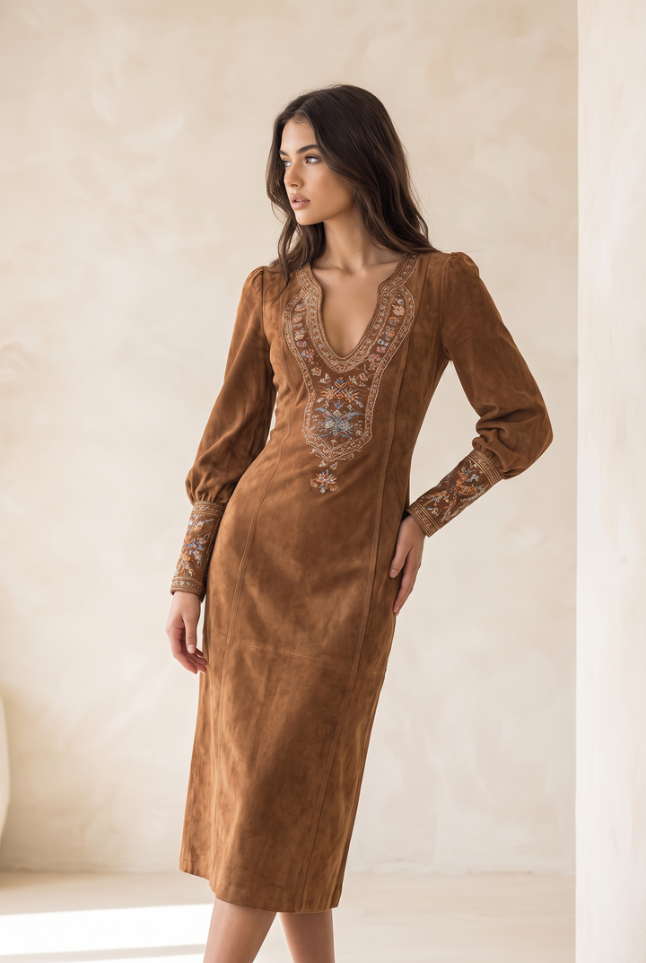 Clara | Faux Suede V-Neck Midi Dress in Brown