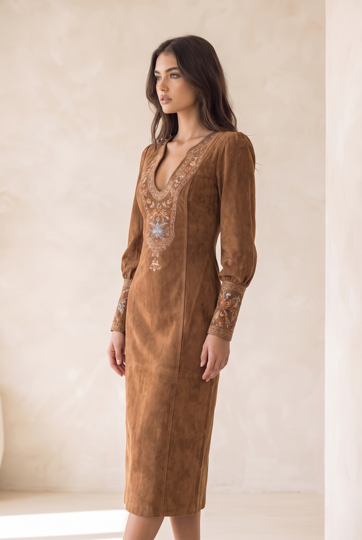 Clara | Faux Suede V-Neck Midi Dress in Brown