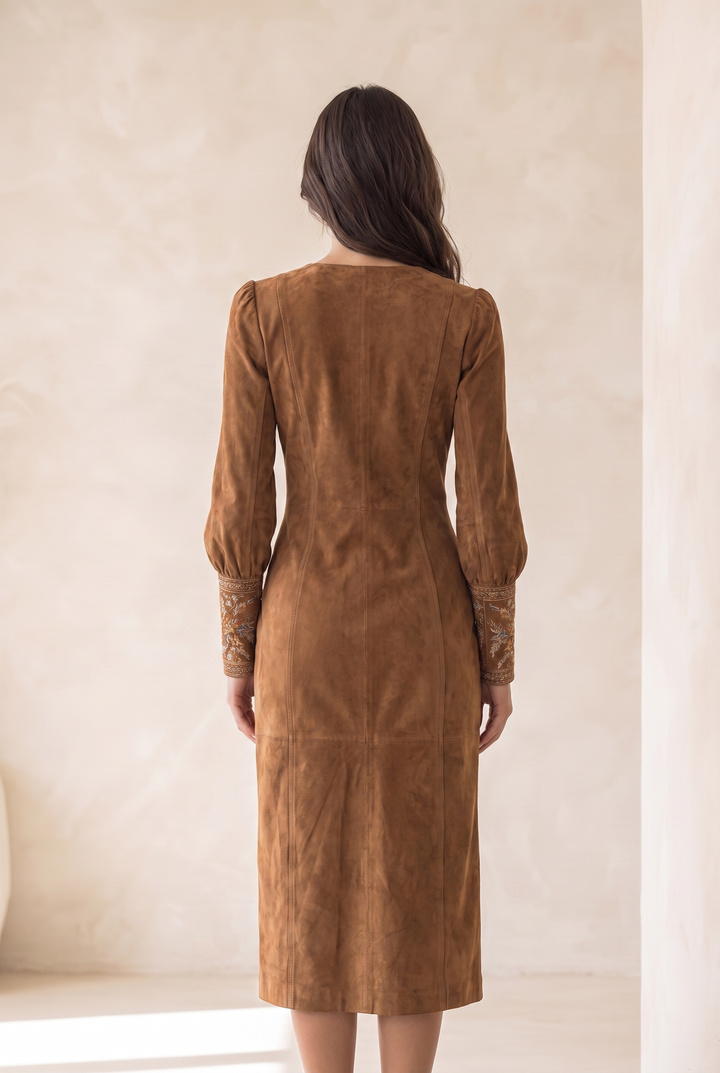 Clara | Faux Suede V-Neck Midi Dress in Brown