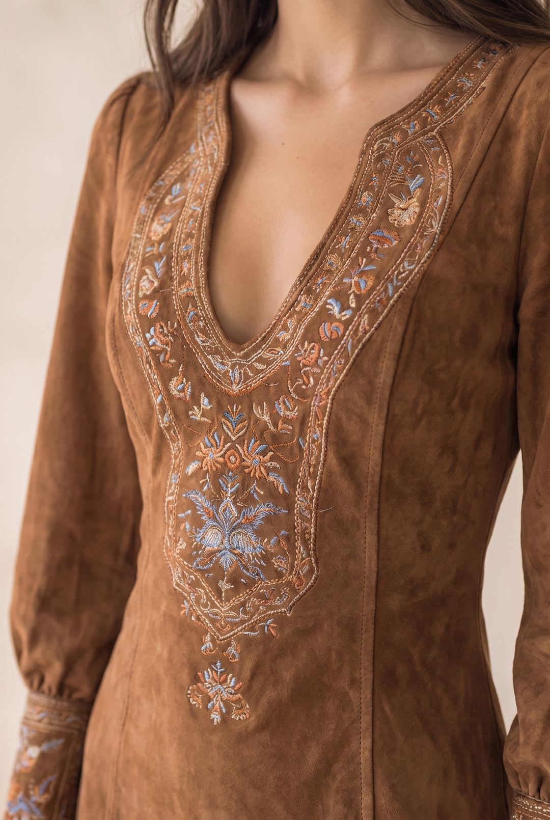 Clara | Faux Suede V-Neck Midi Dress in Brown