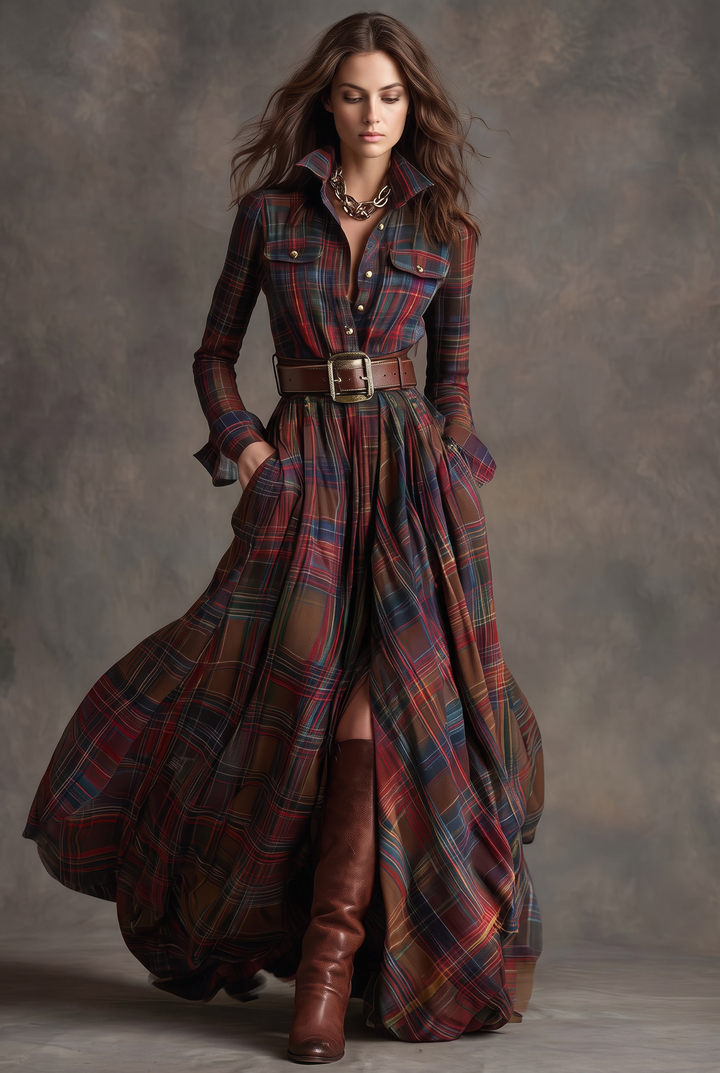 Beatriz | Belted Check Maxi Dress with Lapel Collar