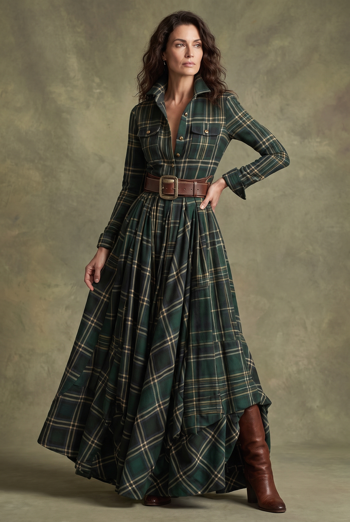 Beatriz | Belted Check Maxi Dress with Lapel Collar