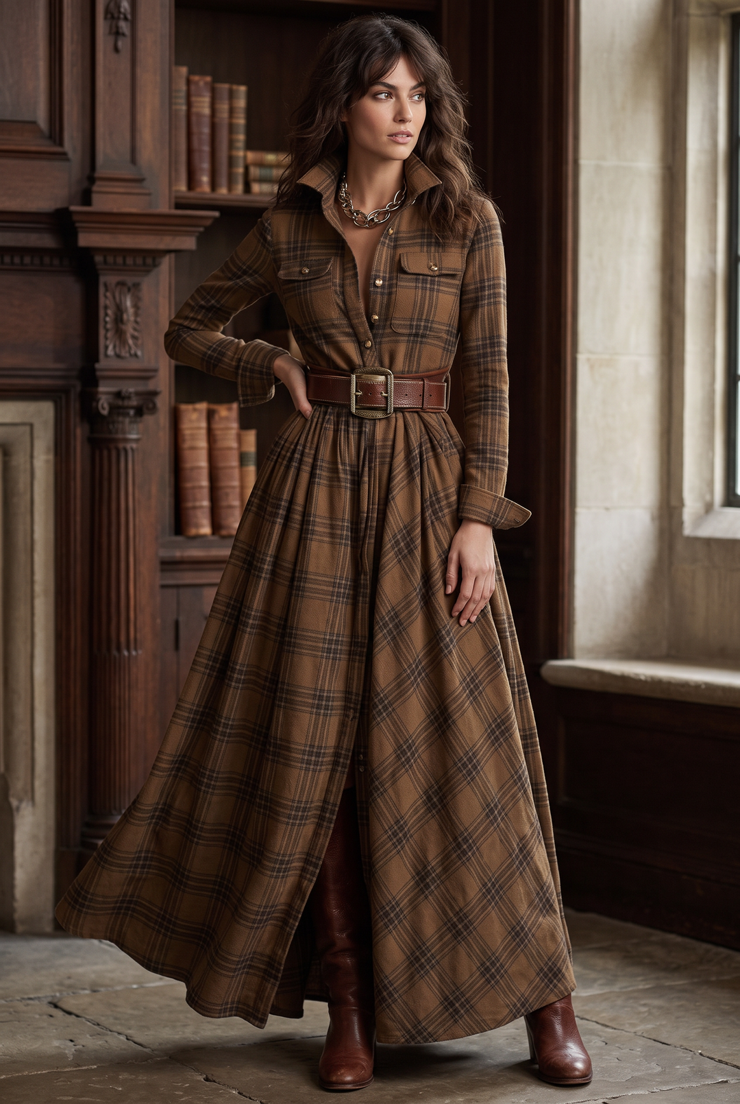 Beatriz | Belted Check Maxi Dress with Lapel Collar
