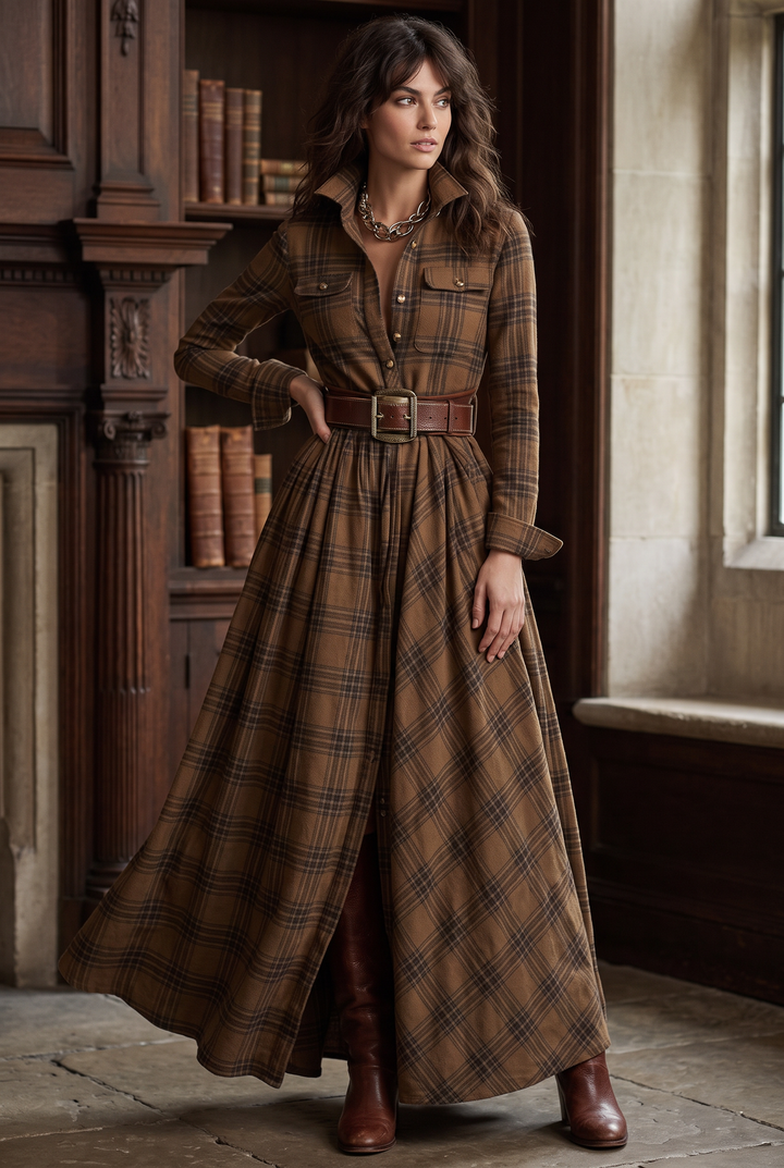 Beatriz | Belted Check Maxi Dress with Lapel Collar