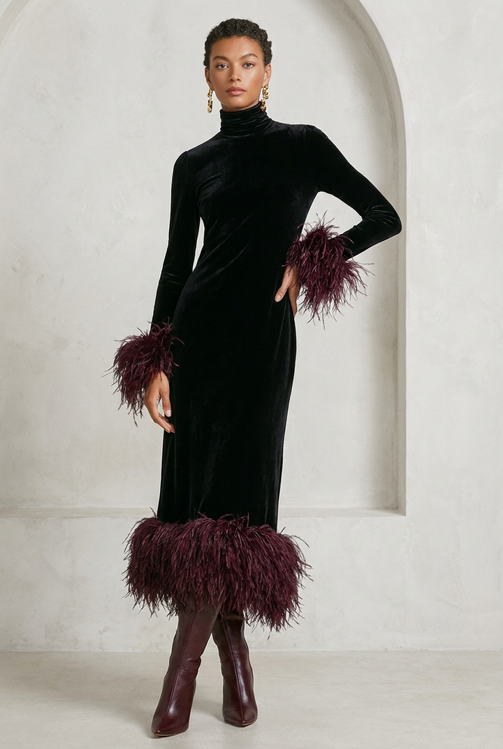 Anna | Velvet Patchwork Maxi Dress with Feather Trim