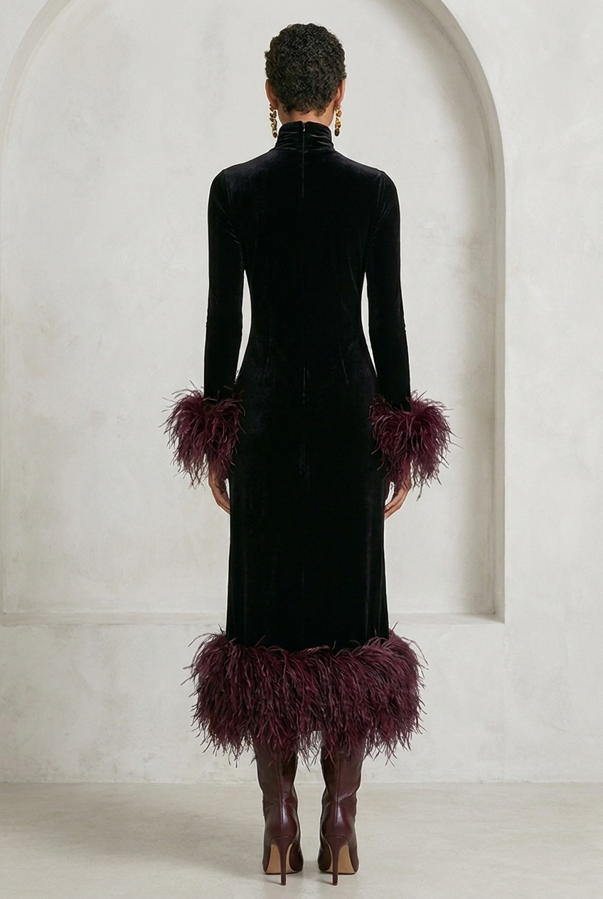 Anna | Velvet Patchwork Maxi Dress with Feather Trim