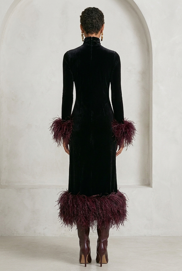 Anna | Velvet Patchwork Maxi Dress with Feather Trim