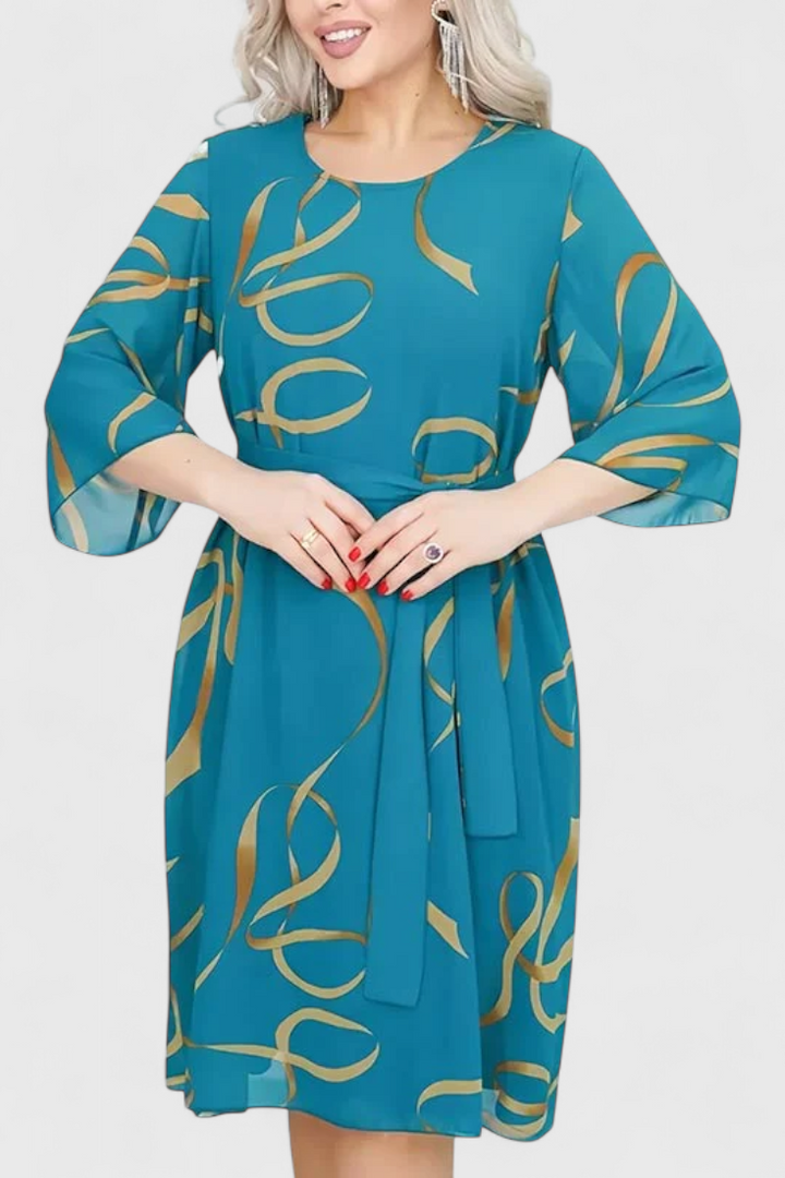Amelie Midi Dress with Print, Belt and Flexible Cut