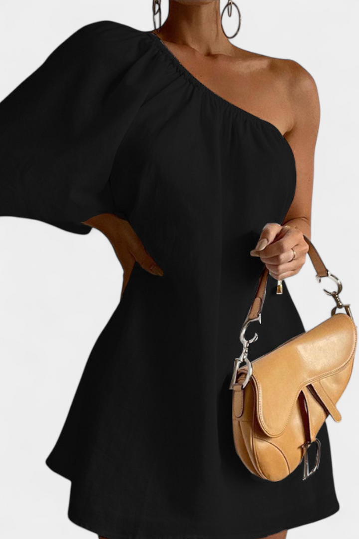 Loupe Asymmetrical Cotton and Linen Dress with Bare Shoulders