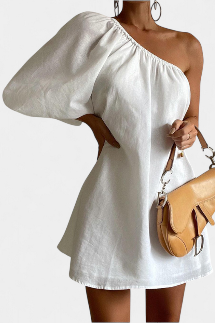 Loupe Asymmetrical Cotton and Linen Dress with Bare Shoulders
