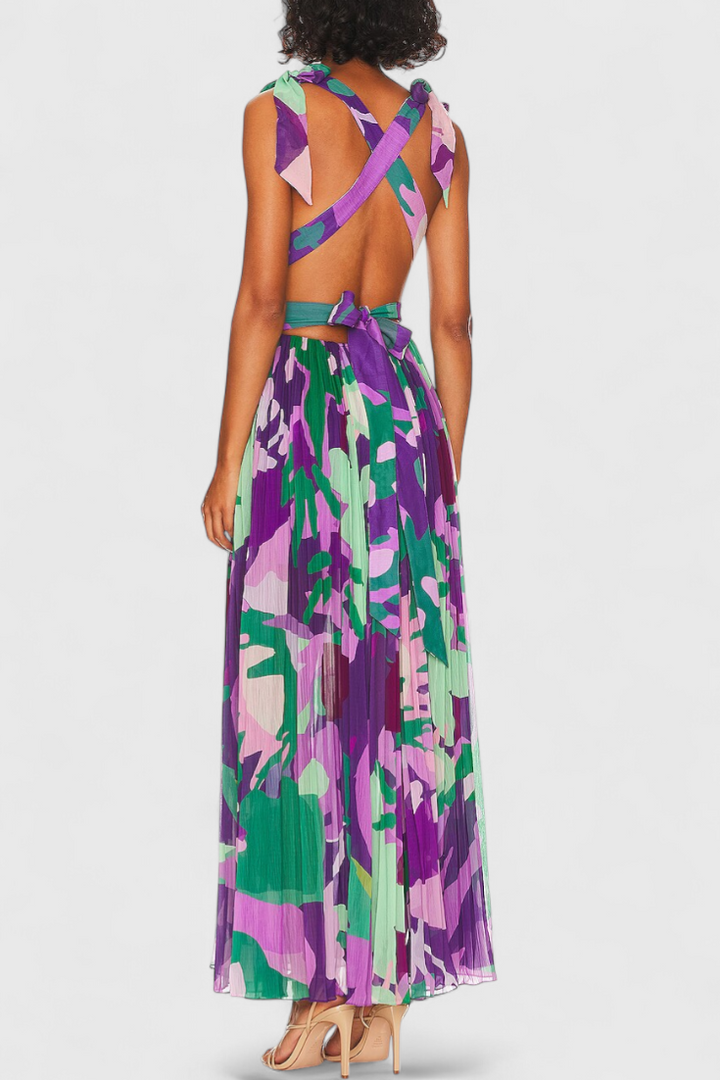 Cecil - Pleated Long Dress with Watercolor and Open Back