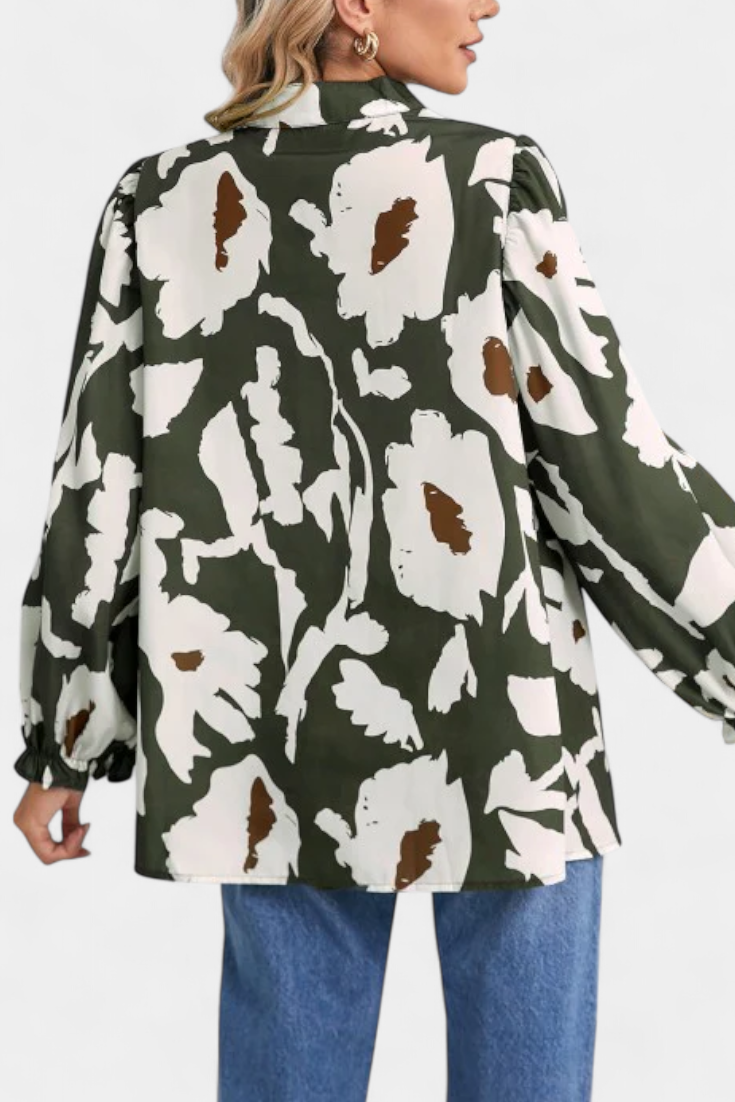 Filomena Blouse with Half Buttons, Puff Sleeves and Abstract Floral Pattern