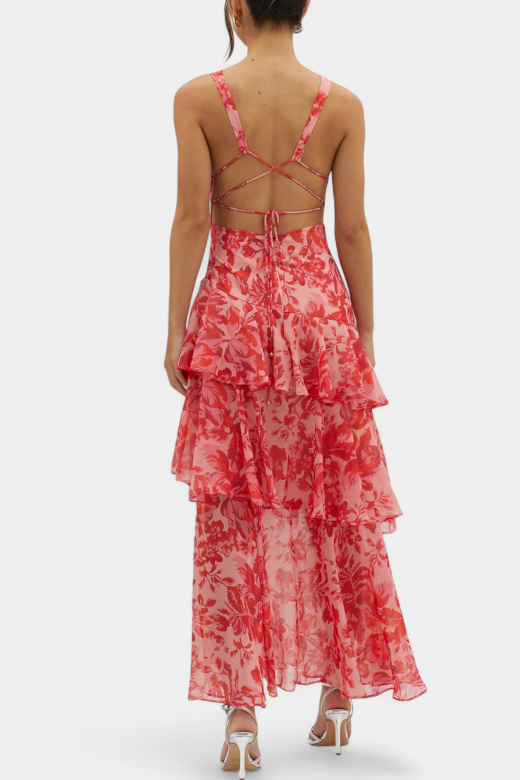 Domenica Chiffon Dress with V-Neckline and Airy Layers