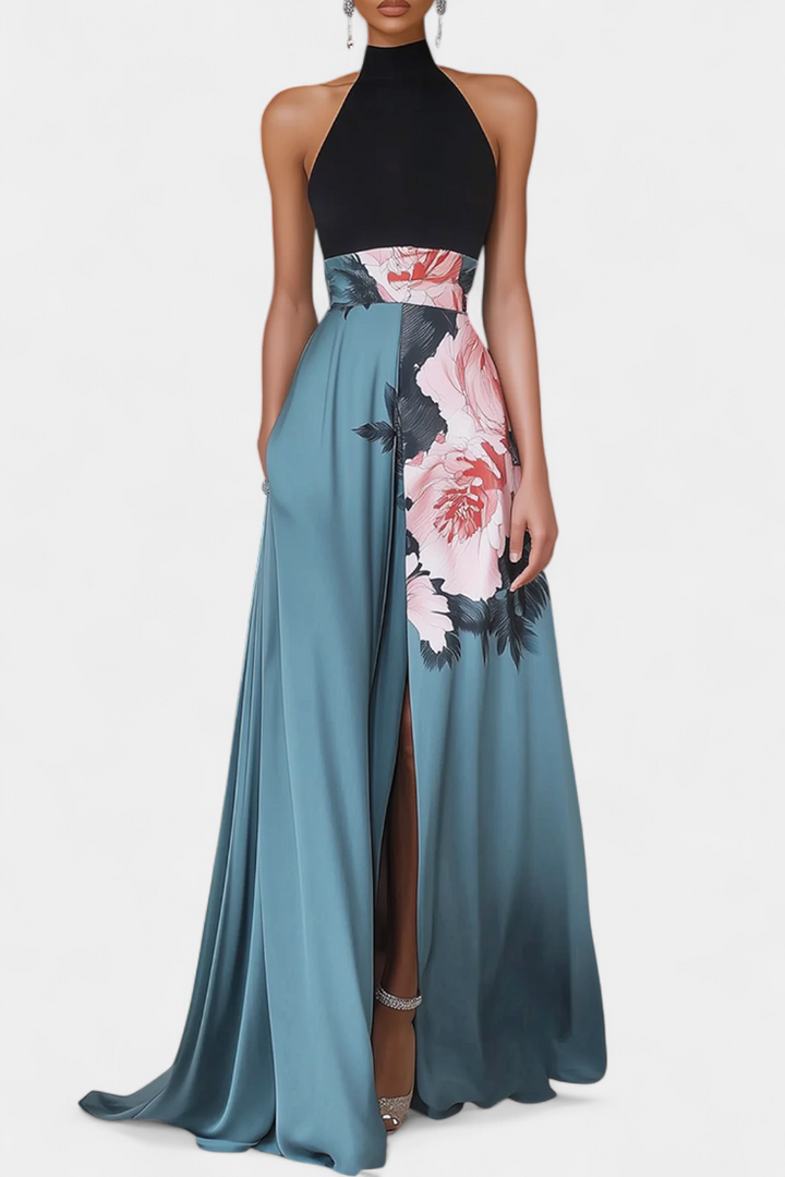 Radmila Floral A-Line Dress with Black Bodice and Sparkly Skirt