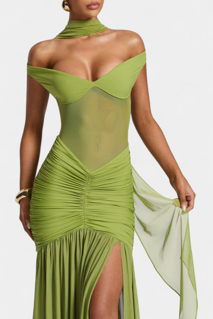 Therese Therese Long Dress with Deep Neckline and Sculpted Ruching