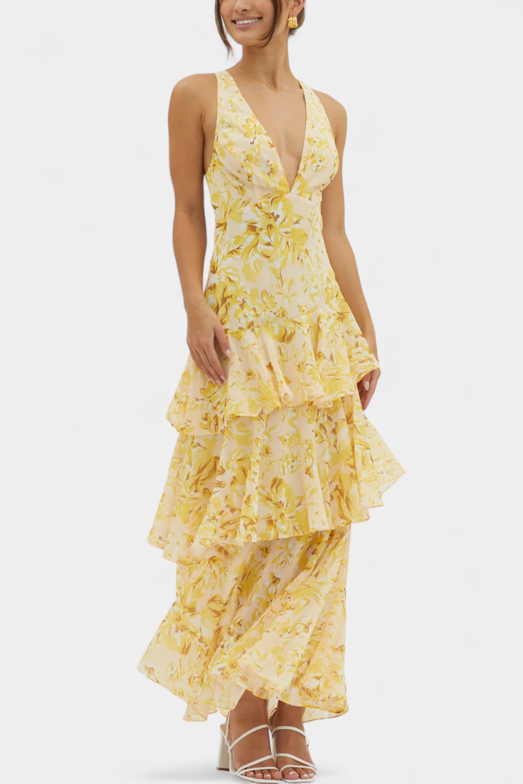 Domenica Chiffon Dress with V-Neckline and Airy Layers