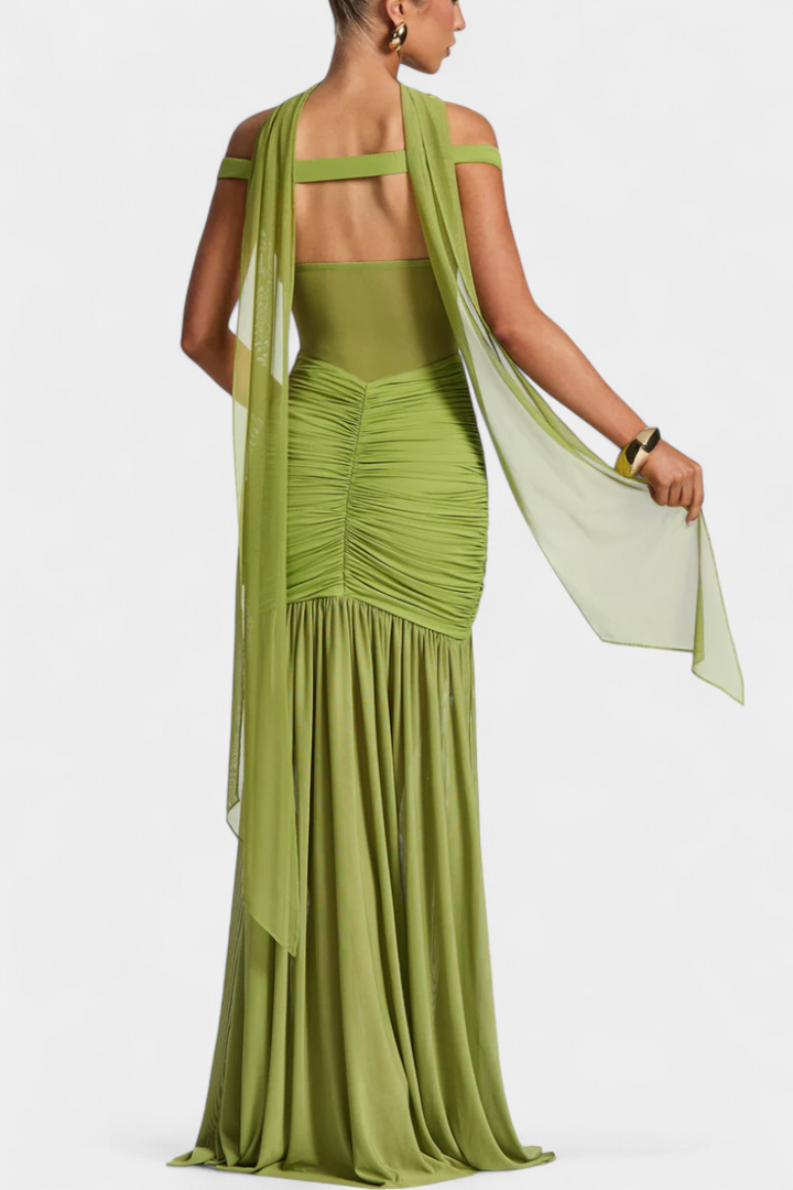 Therese Therese Long Dress with Deep Neckline and Sculpted Ruching