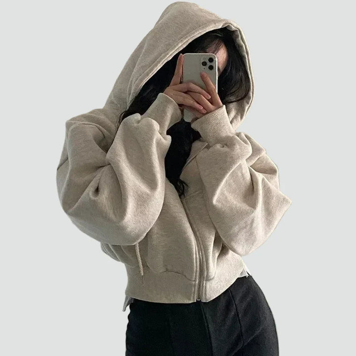 Comfortable Fleece Zip Up Hoodie for Women with Drawstring Hood Long Sleeve Cropped Oversized Casual Style