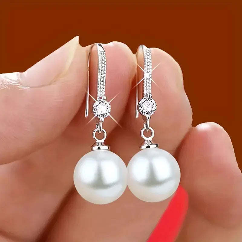 Lustrous Zirconia Pearl Drop Earrings | White Gold