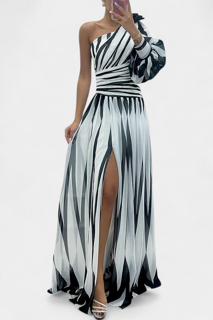 Bethania - Elegant Long Striped One Shoulder Dress