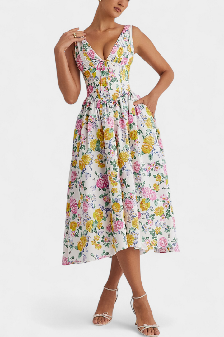 Margie Midi Dress with V-Neck and Romantic Floral Print