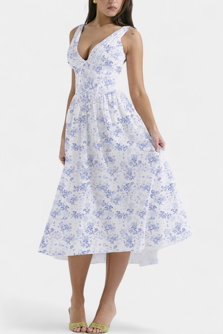 Margie Midi Dress with V-Neck and Romantic Floral Print