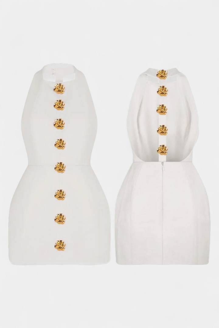 Yvonne Mini Dress with Tie Neck, Open Back and Floral Detail