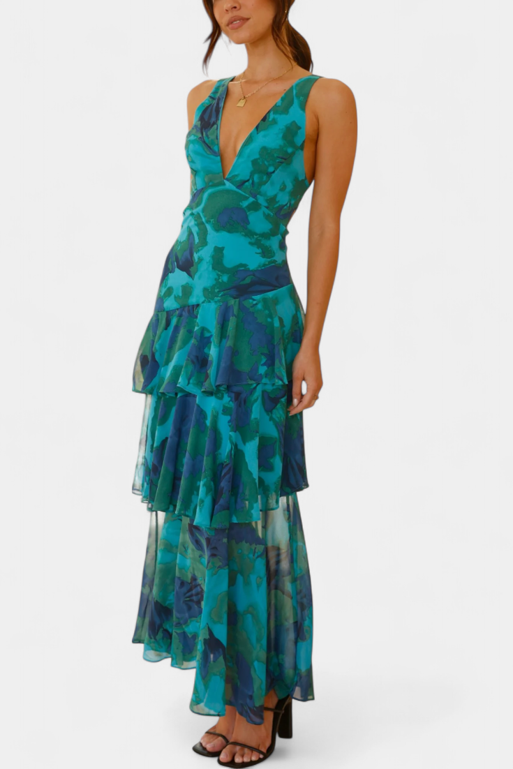 Domenica Chiffon Dress with V-Neckline and Airy Layers