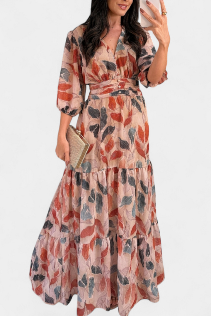 Aisha Long Floral Dress with Airy Line and Leaf Pattern