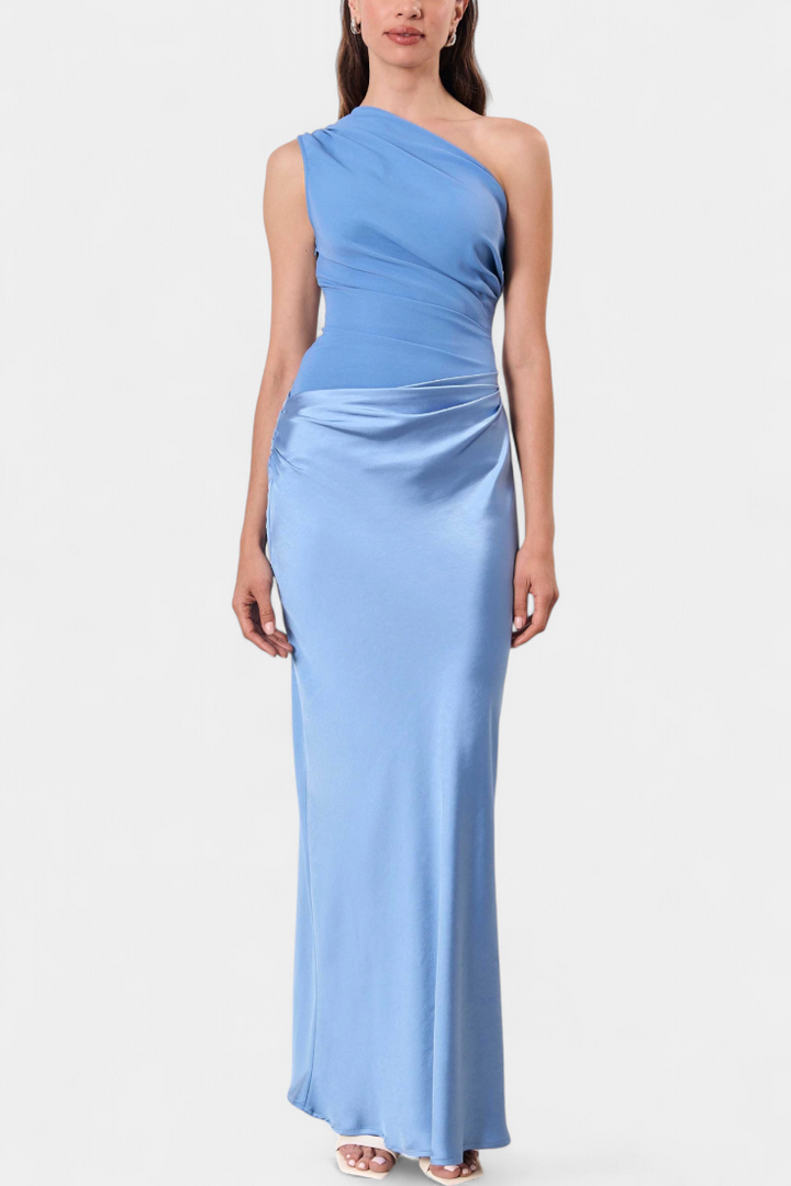 Ottavia Long Pleated One-Shoulder Evening Dress