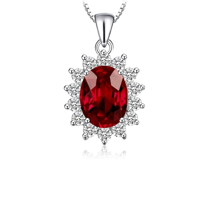 Classic Red Stone Halo Necklace | Silver-Tone