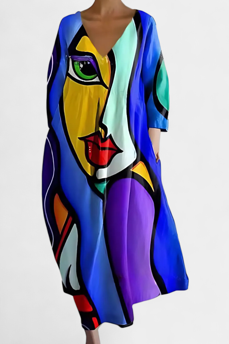Anne Long Multicolored Dress with V Neckline