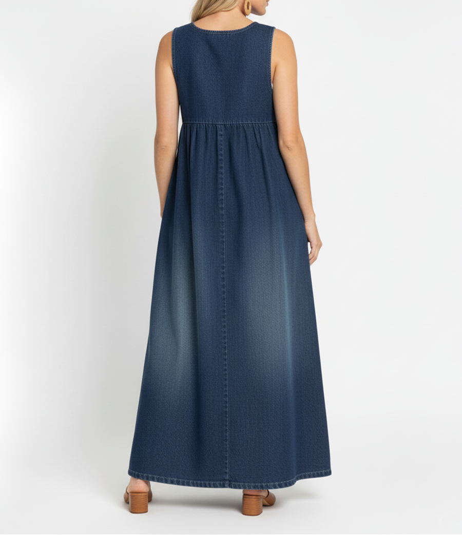 Denim Maxi Dress | Vintage Washed Cotton Button Front Dress