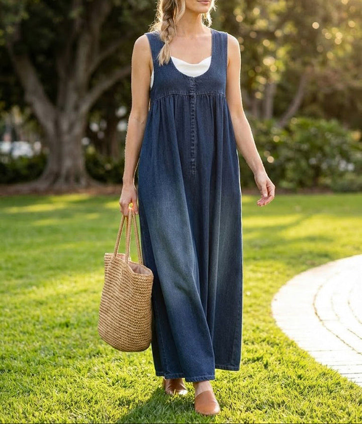Denim Maxi Dress | Vintage Washed Cotton Button Front Dress