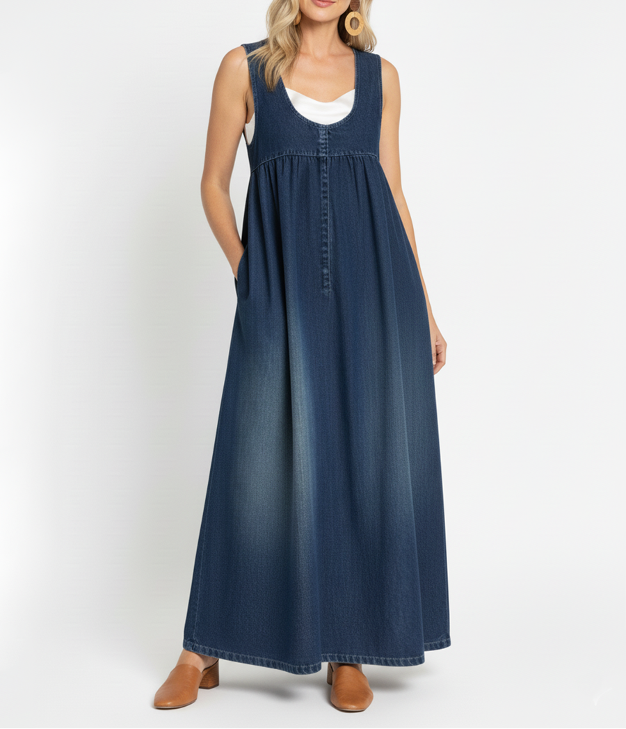 Denim Maxi Dress | Vintage Washed Cotton Button Front Dress