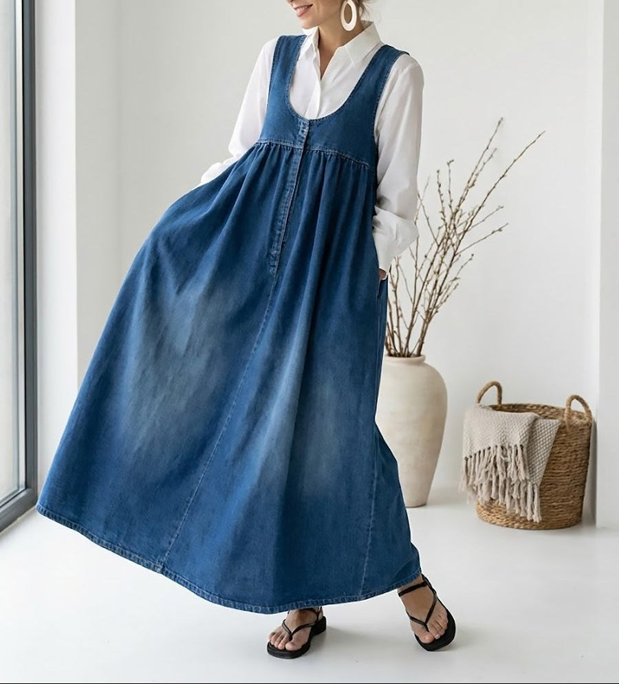 Denim Maxi Dress | Vintage Washed Cotton Button Front Dress