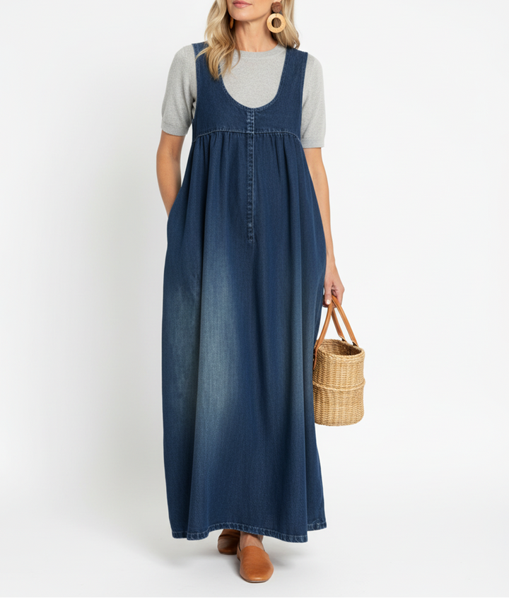 Denim Maxi Dress | Vintage Washed Cotton Button Front Dress