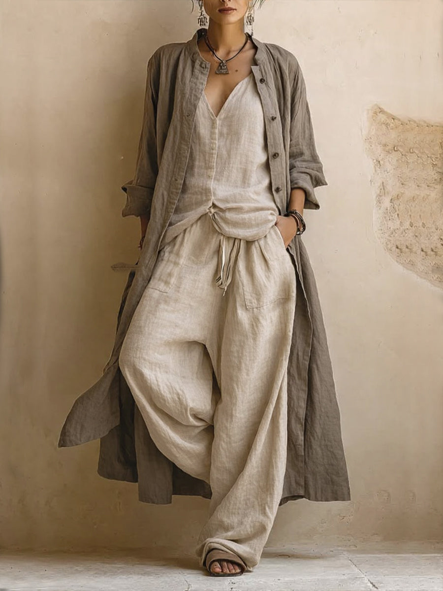 Linen Blend Three-Piece Outfit with Open Front Cardigan