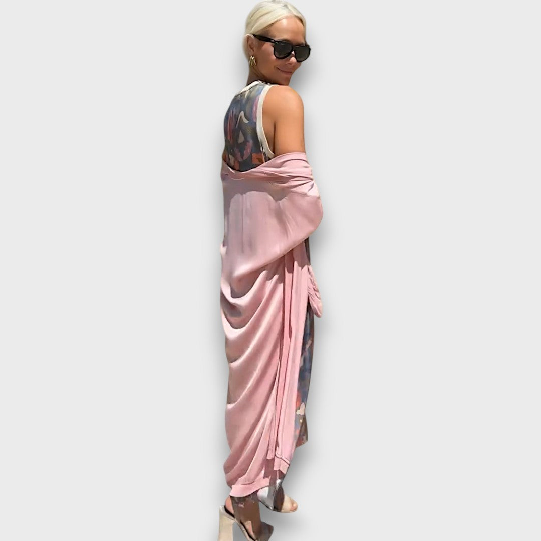 Long Dress with Floral Pattern & Airy Cardigan
