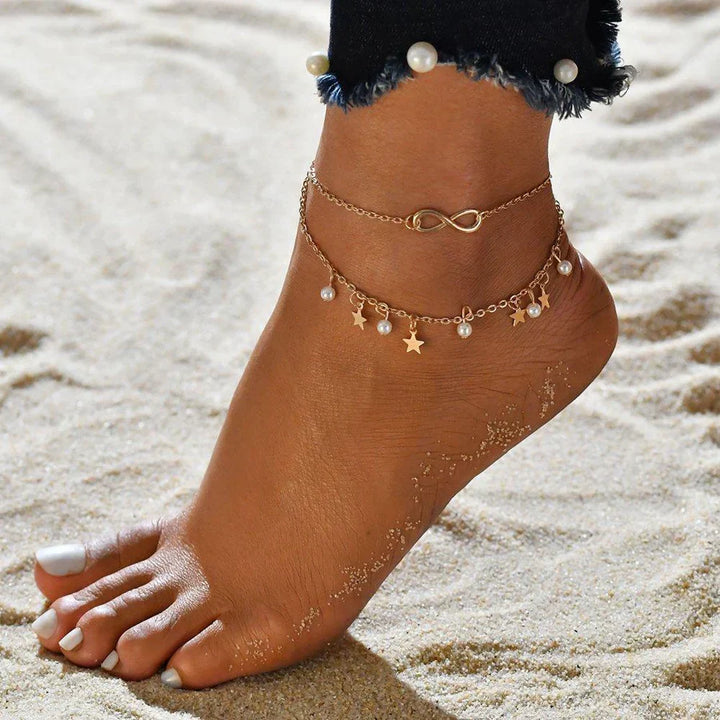 Infinity Anklet Bracelet + Faux Pearls and Stars | Gold-Tone