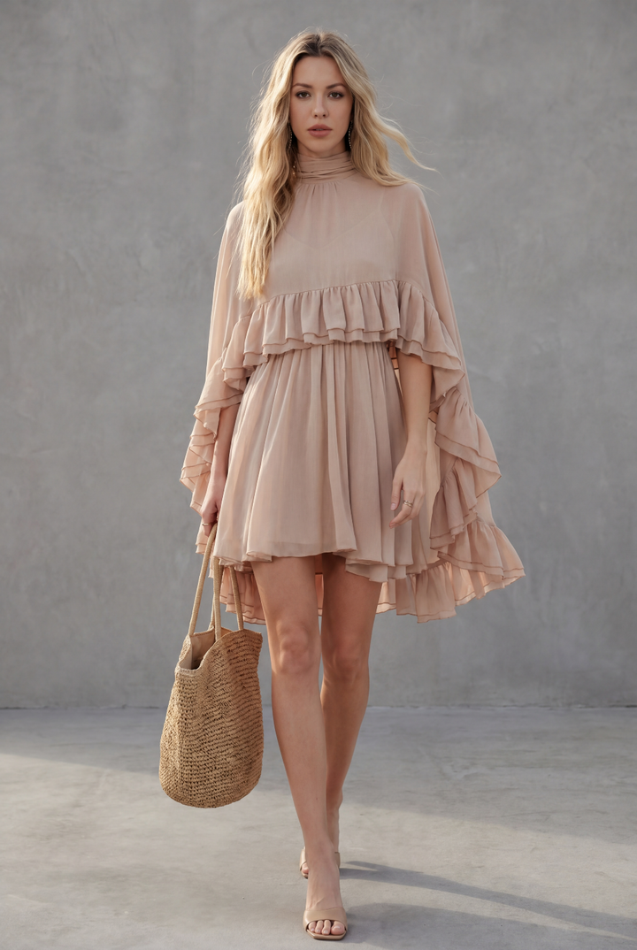 Kim - Semi-Sheer Chiffon Ruffle Dress With Outer Cape