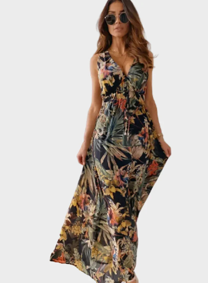 Maxi dress for women sleeveless with tropical print
