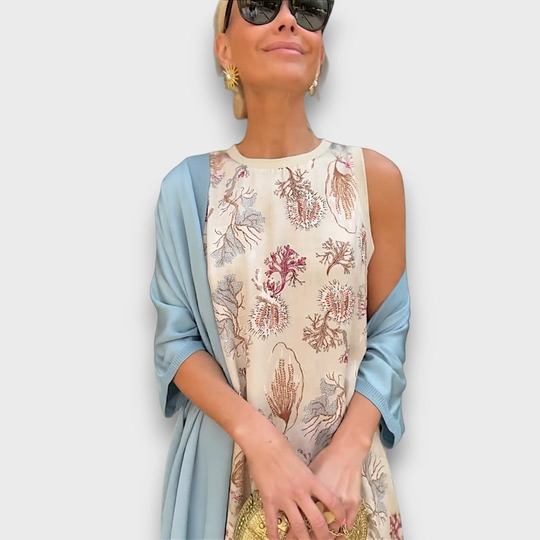 Long Dress with Floral Pattern & Airy Cardigan