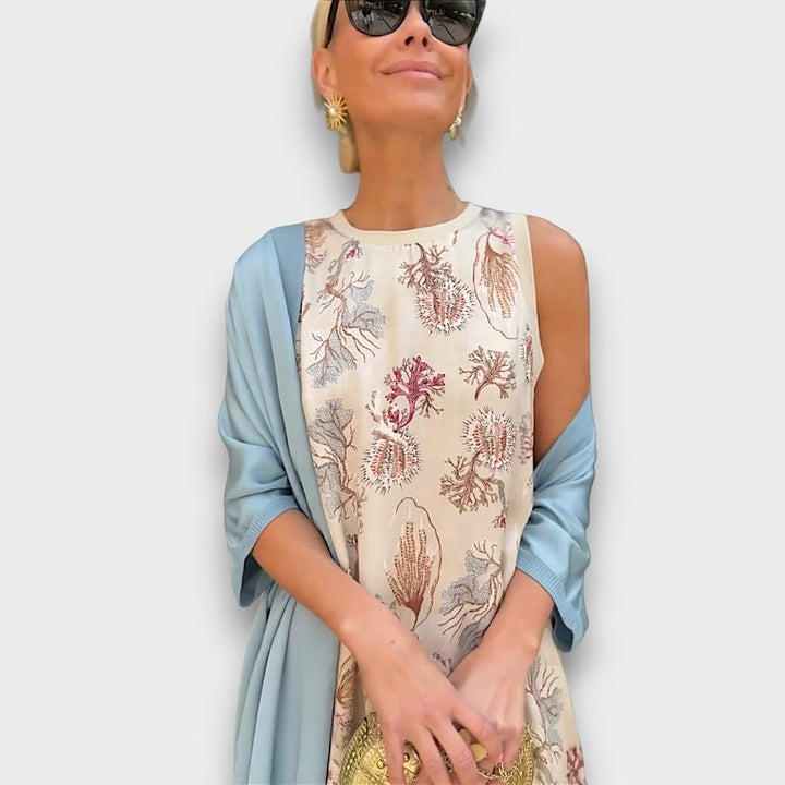 Long Dress with Floral Pattern & Airy Cardigan