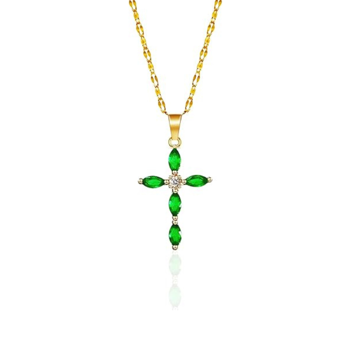 Green Stone Cross Necklace | Gold-Tone
