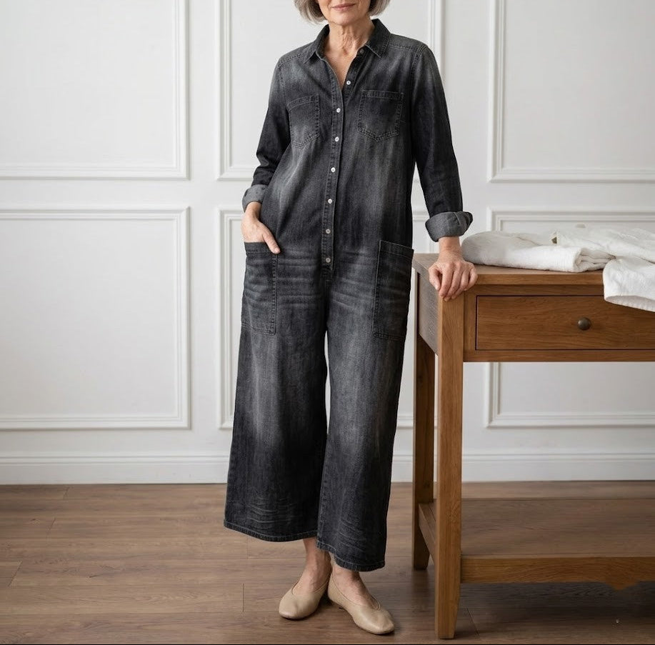 Denim Jumpsuit Women Cotton Button Front Vintage Washed