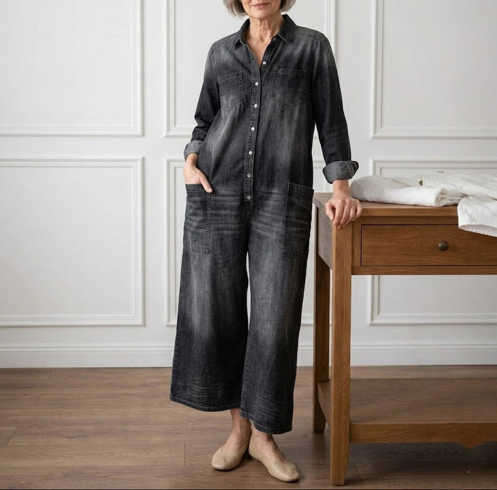Denim Jumpsuit Women Cotton Button Front Vintage Washed